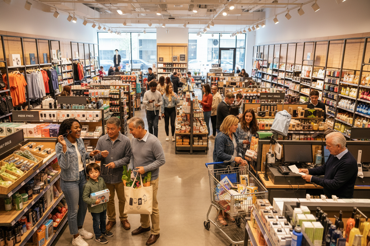 Genrate a image multiple peoples of buying Products on a shop