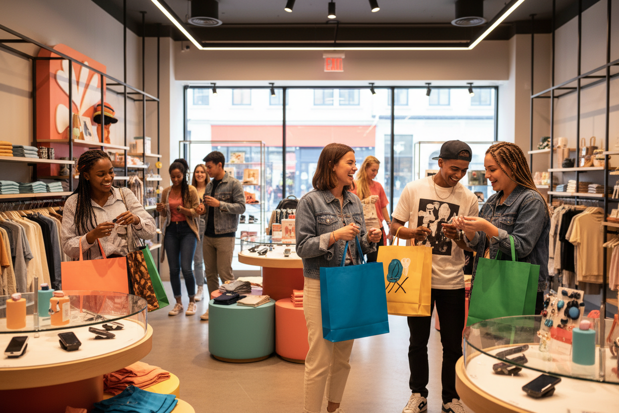 Genrate a pics which show a girl and boys buying multiple products